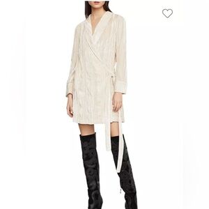 BCBG Maxazria Crushed Velvet Robe Wrap Dress long sleeve v neck almond pink L